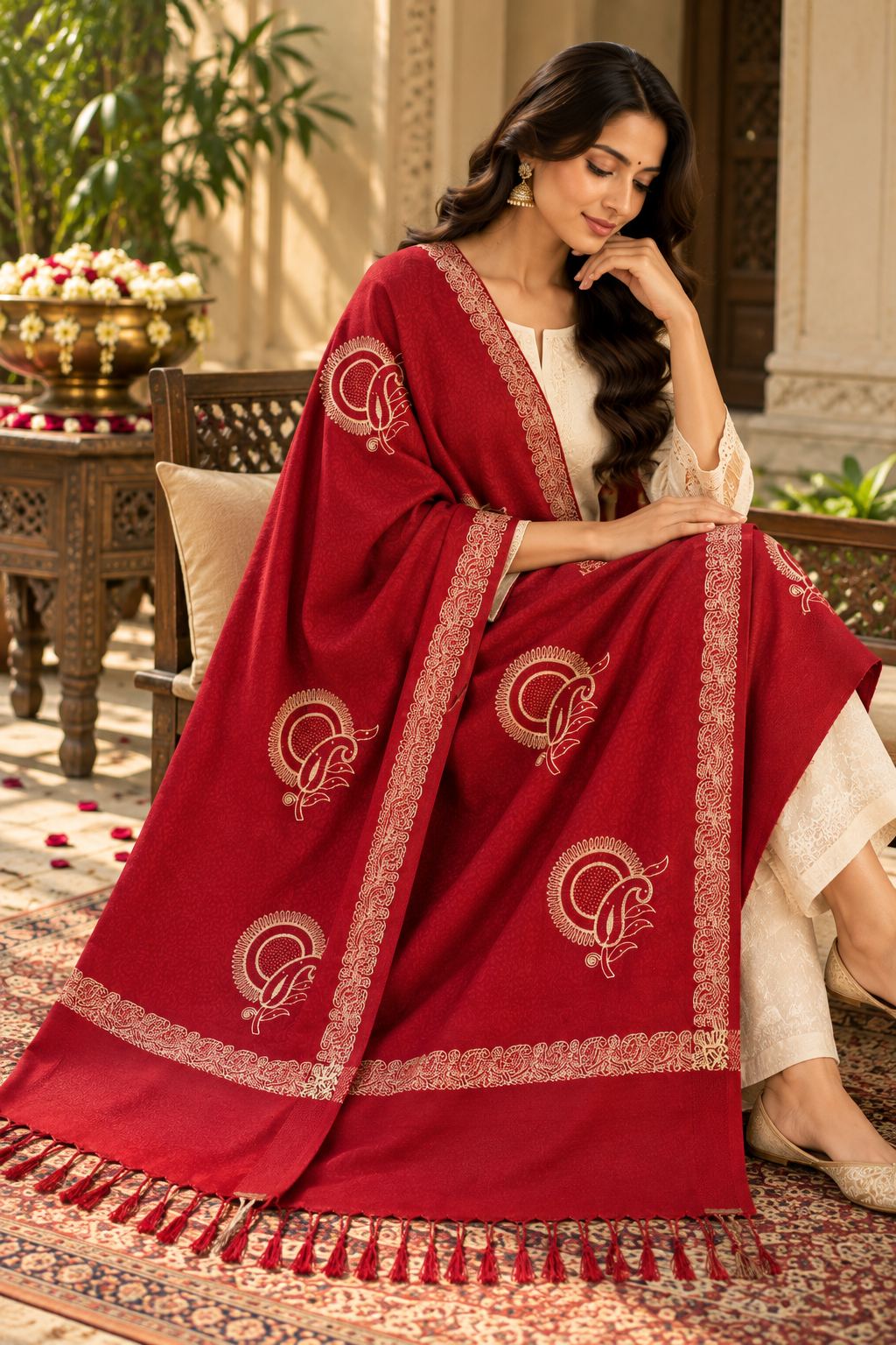 Red Gold Sunburst Paisley Wool Shawl with Tassels