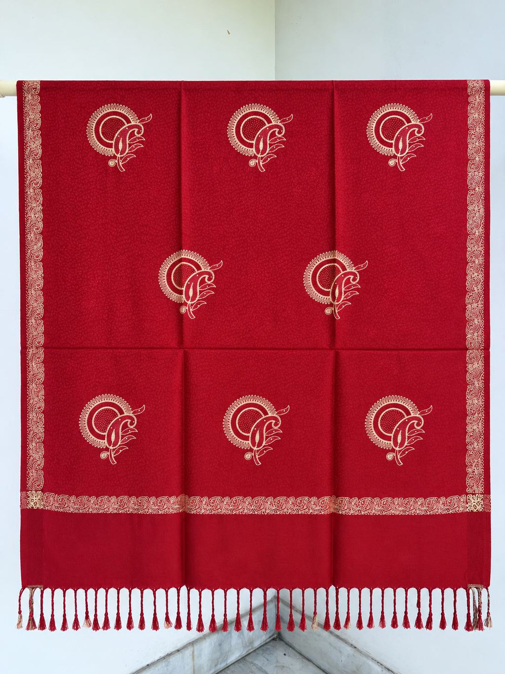 Red Gold Sunburst Paisley Wool Shawl with Tassels