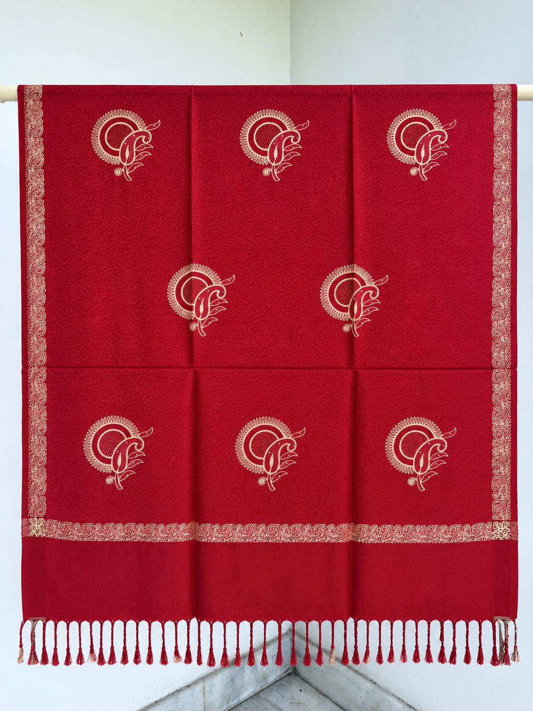 Red Gold Sunburst Paisley Wool Shawl with Tassels