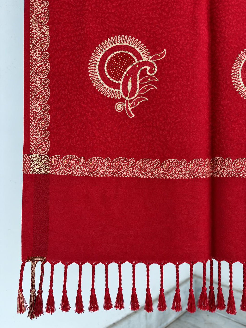 Red Gold Sunburst Paisley Wool Shawl with Tassels