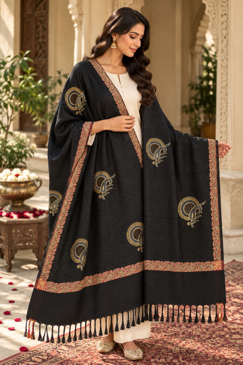 Black Red Gold Sunburst Paisley Wool Shawl with Tassels