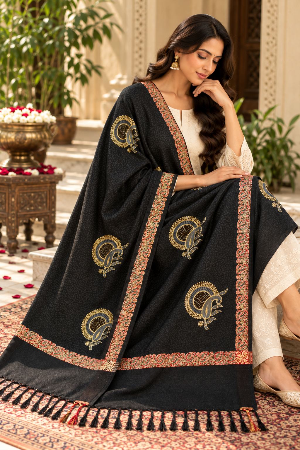 Black Red Gold Sunburst Paisley Wool Shawl with Tassels