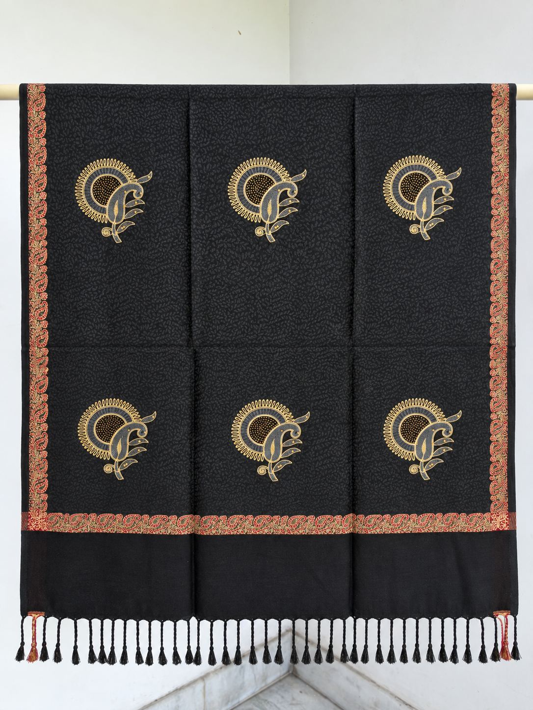 Black Red Gold Sunburst Paisley Wool Shawl with Tassels