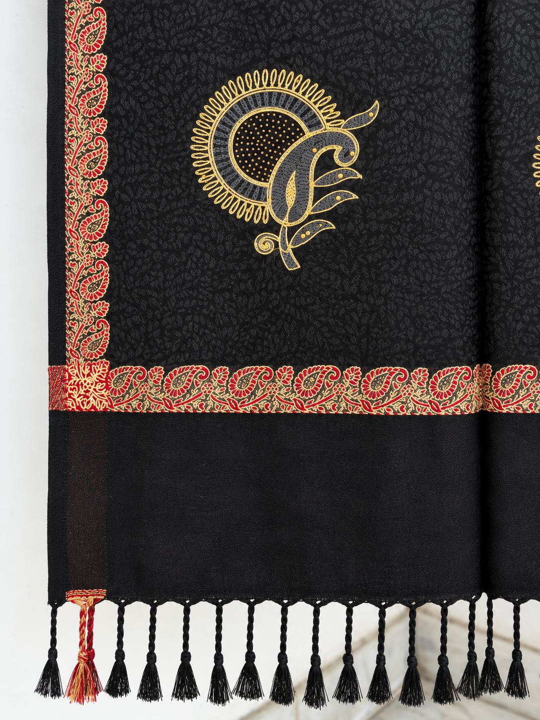 Black Red Gold Sunburst Paisley Wool Shawl with Tassels