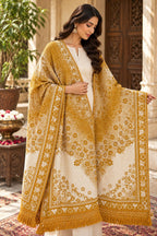 Mustard Gold Floral Ombre Wheel Medallion Wool Shawl with Tassels