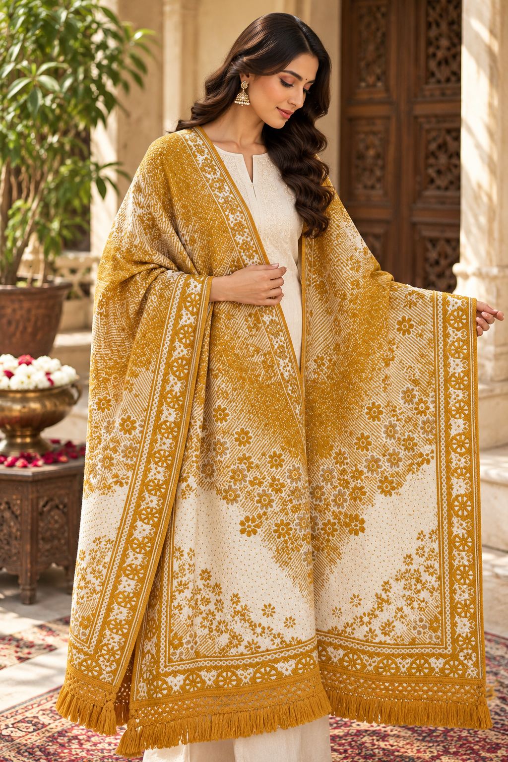 Mustard Gold Floral Ombre Wheel Medallion Wool Shawl with Tassels
