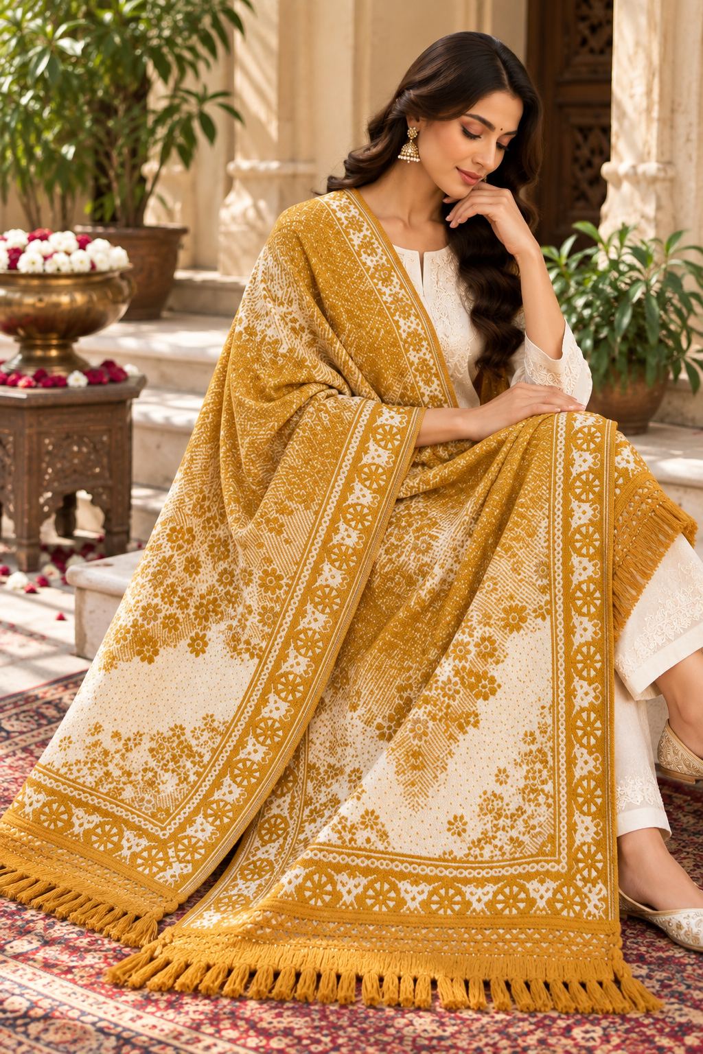 Mustard Gold Floral Ombre Wheel Medallion Wool Shawl with Tassels