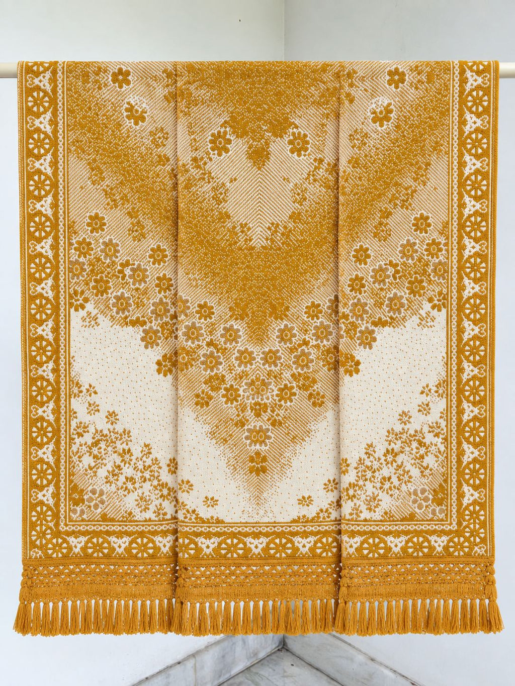 Mustard Gold Floral Ombre Wheel Medallion Wool Shawl with Tassels