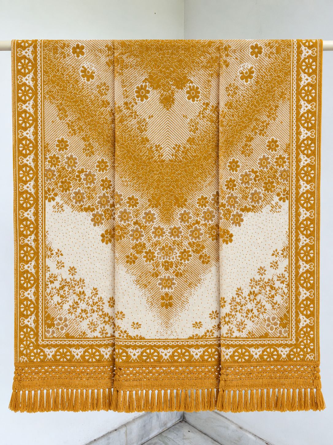 Mustard Gold Floral Ombre Wheel Medallion Wool Shawl with Tassels
