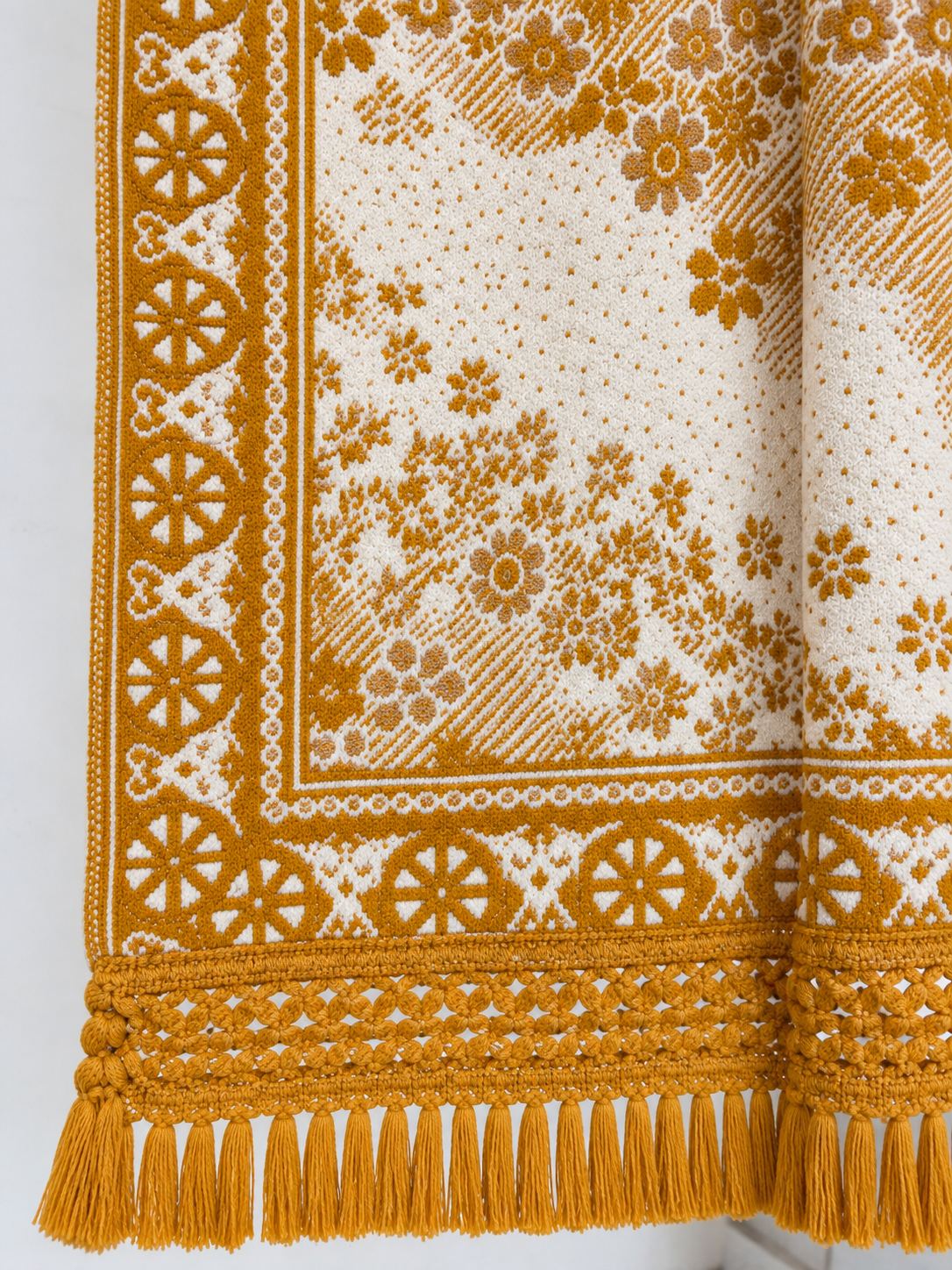 Mustard Gold Floral Ombre Wheel Medallion Wool Shawl with Tassels
