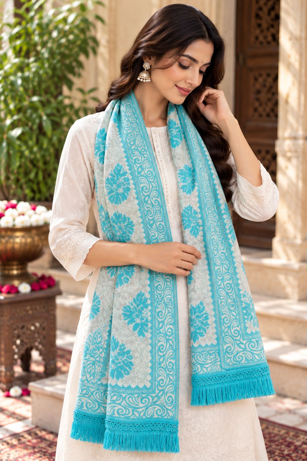Turquoise Ivory Floral Bouquet Wool Shawl with Tassels