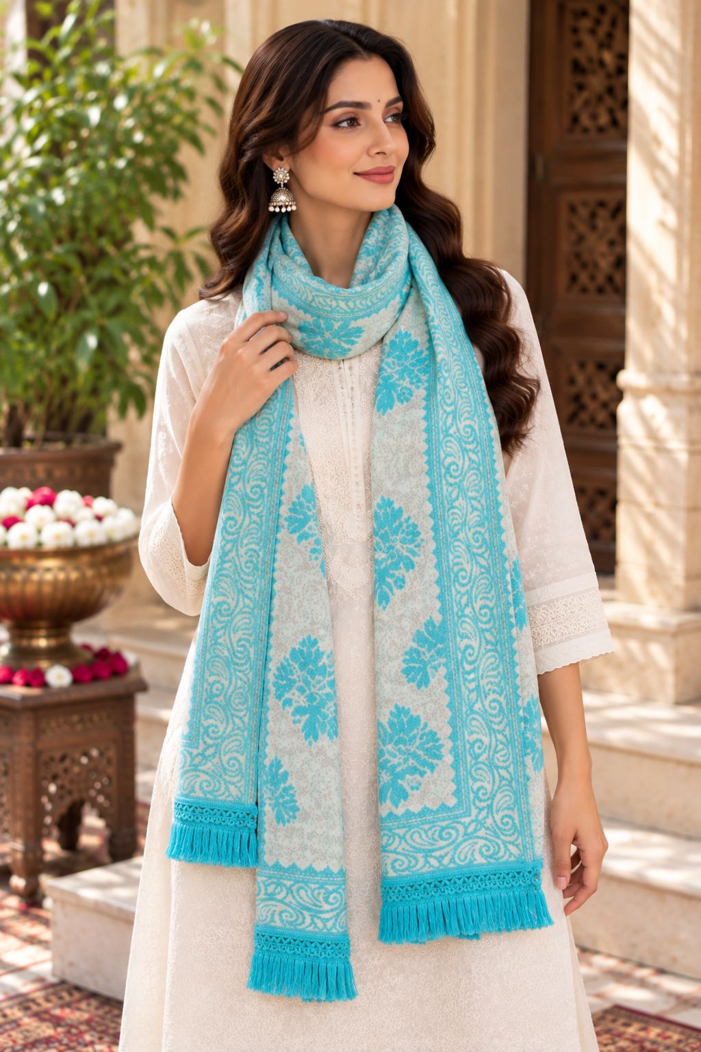 Turquoise Ivory Floral Bouquet Wool Shawl with Tassels
