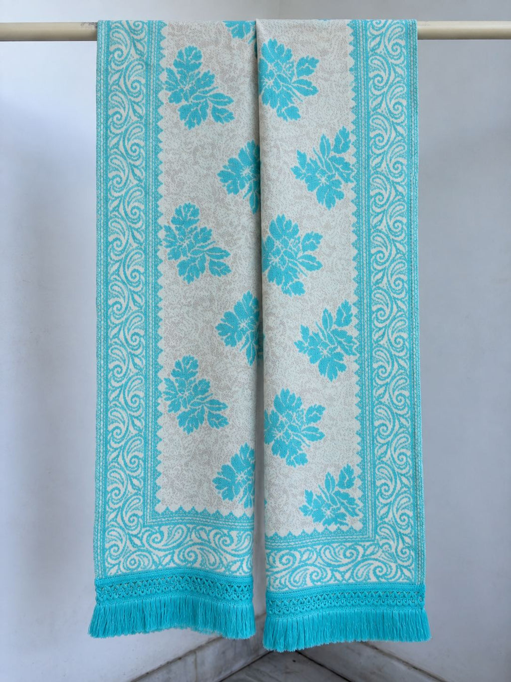 Turquoise Ivory Floral Bouquet Wool Shawl with Tassels