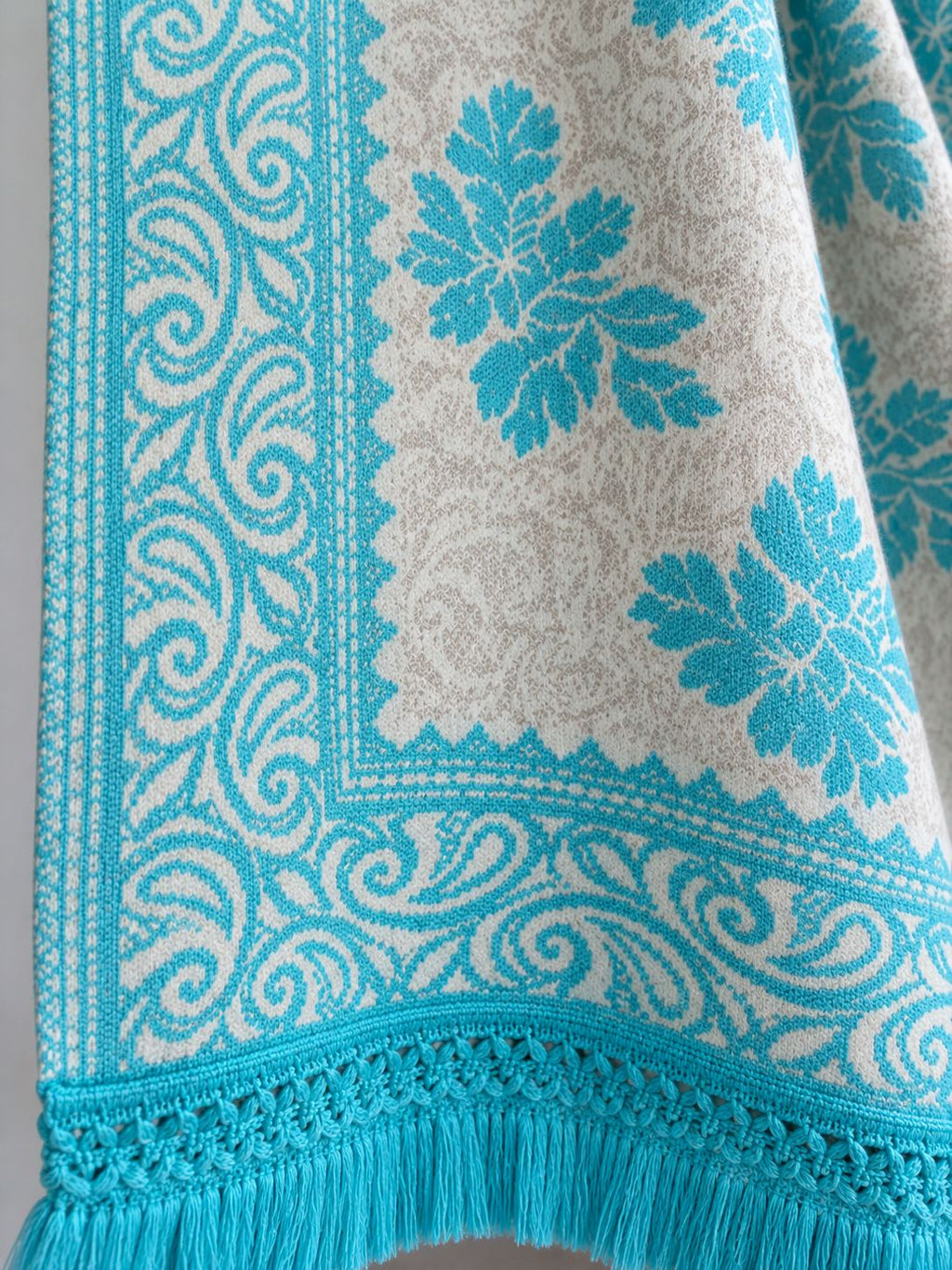 Turquoise Ivory Floral Bouquet Wool Shawl with Tassels