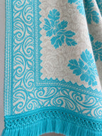 Turquoise Ivory Floral Bouquet Wool Shawl with Tassels
