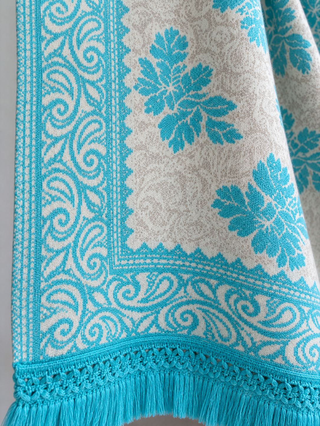 Turquoise Ivory Floral Bouquet Wool Shawl with Tassels