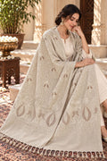 Beige Tone-on-Tone Paisley Embroidered Wool Shawl with Tassels