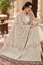 Beige Tone-on-Tone Paisley Embroidered Wool Shawl with Tassels