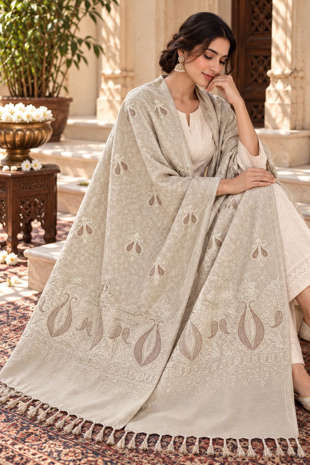 Beige Tone-on-Tone Paisley Embroidered Wool Shawl with Tassels