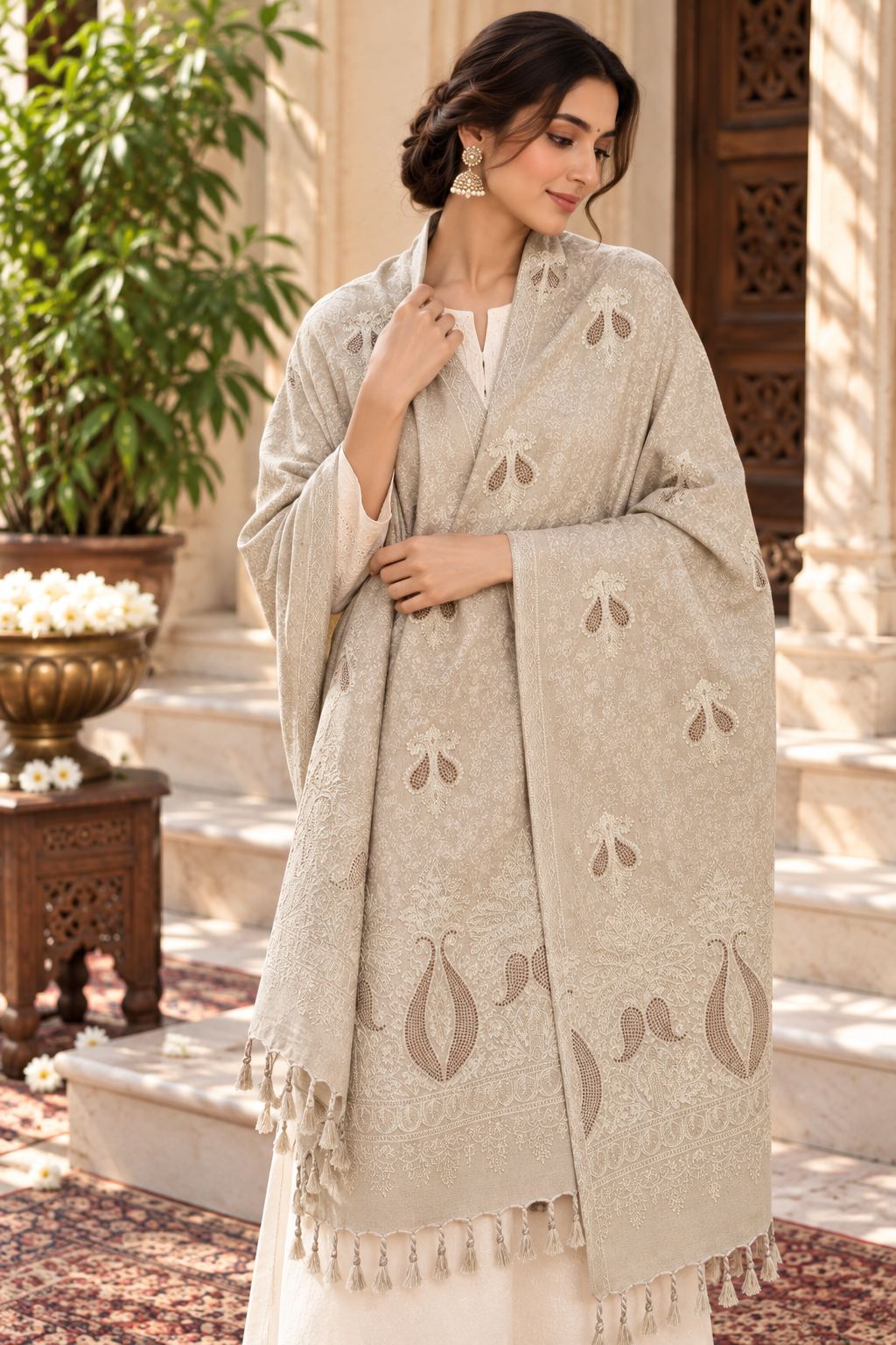 Beige Tone-on-Tone Paisley Embroidered Wool Shawl with Tassels
