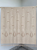Beige Tone-on-Tone Paisley Embroidered Wool Shawl with Tassels