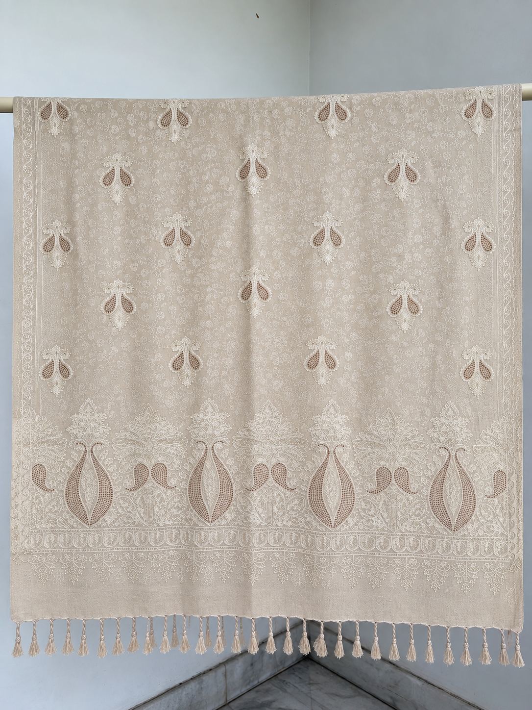 Beige Tone-on-Tone Paisley Embroidered Wool Shawl with Tassels