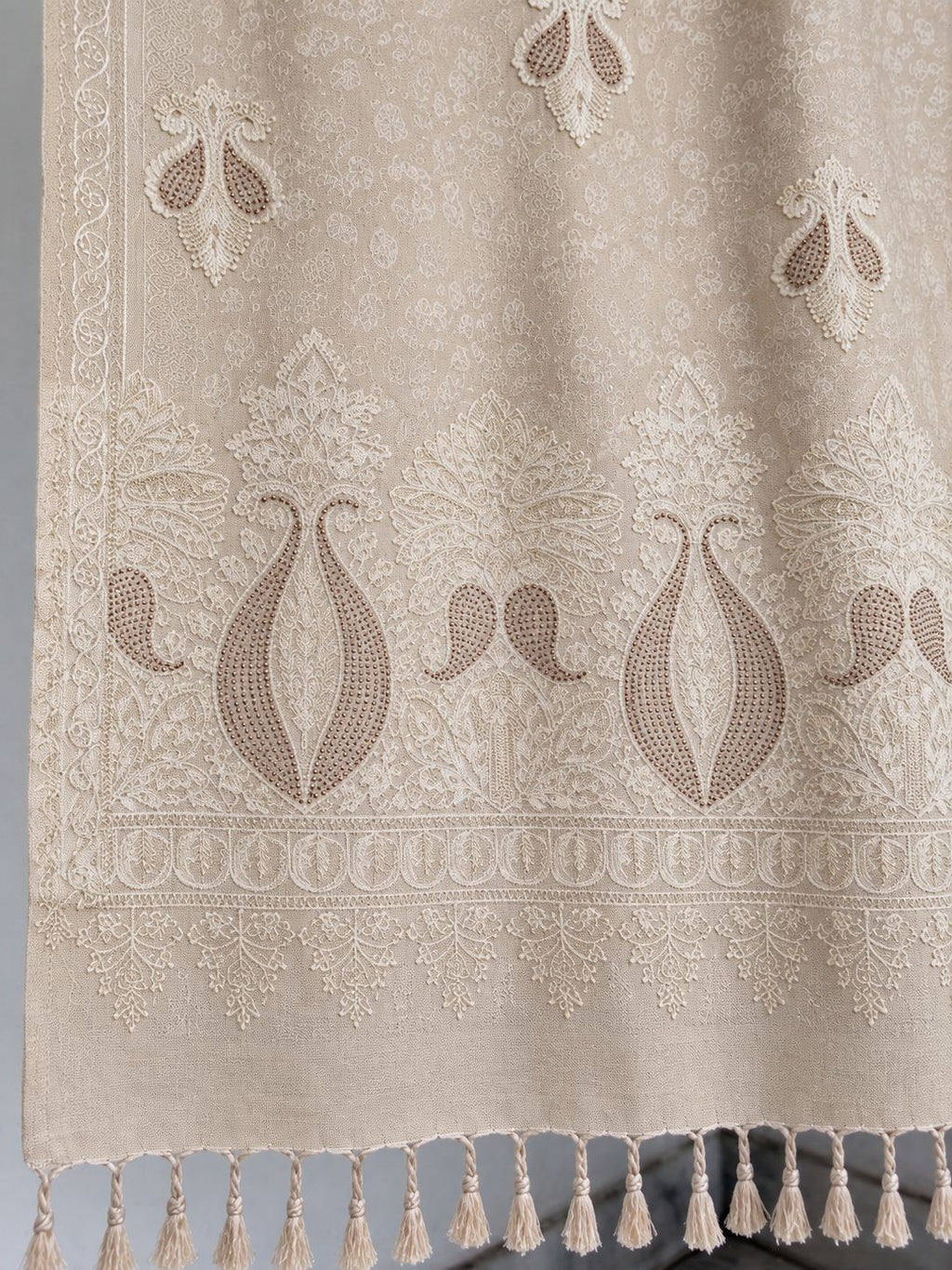 Beige Tone-on-Tone Paisley Embroidered Wool Shawl with Tassels