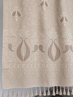 Beige Tone-on-Tone Paisley Embroidered Wool Shawl with Tassels