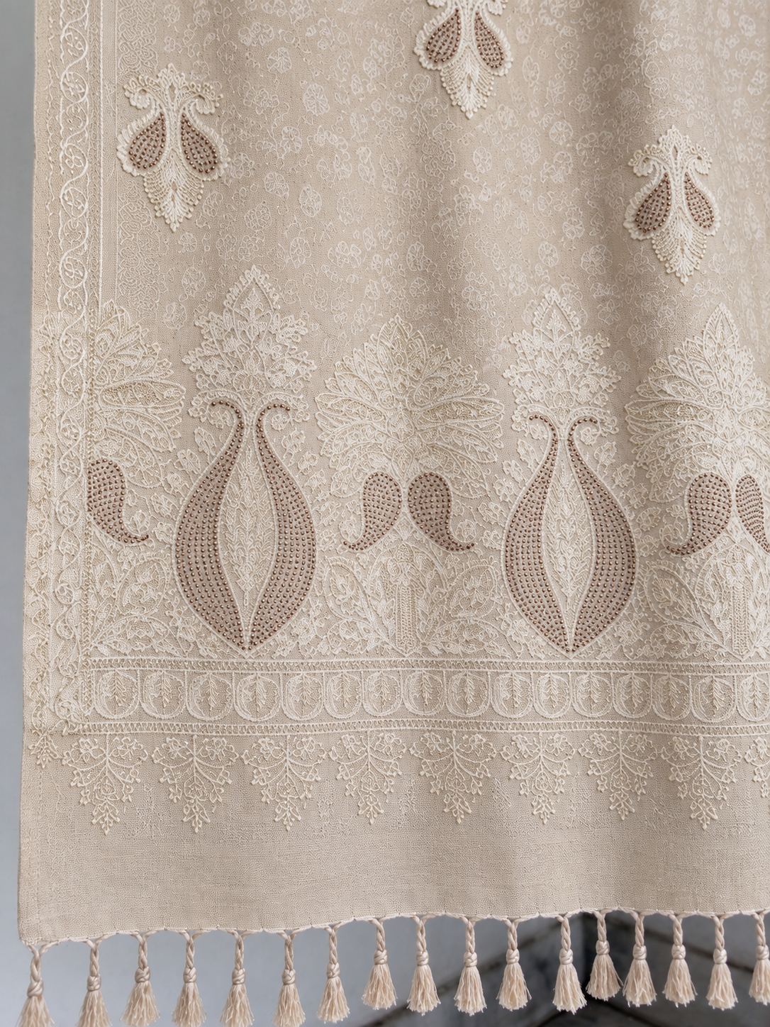 Beige Tone-on-Tone Paisley Embroidered Wool Shawl with Tassels