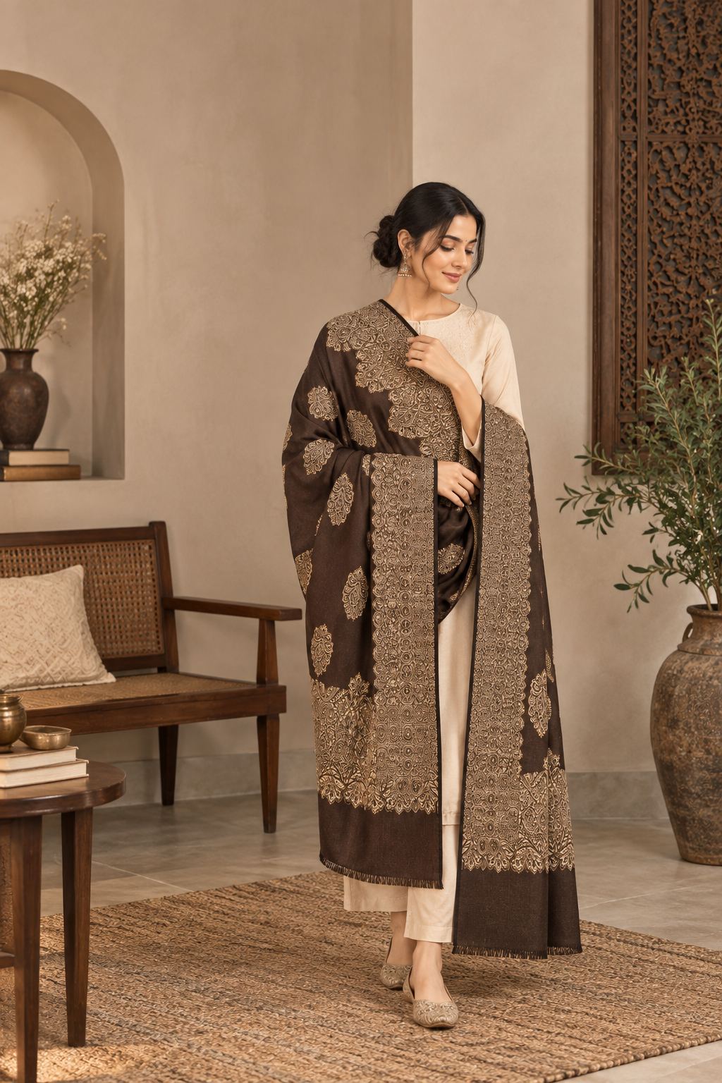 Chocolate Brown Gold Boteh Medallion Wool Shawl with Fringe