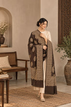 Chocolate Brown Gold Boteh Medallion Wool Shawl with Fringe