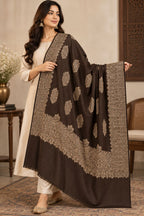 Chocolate Brown Gold Boteh Medallion Wool Shawl with Fringe