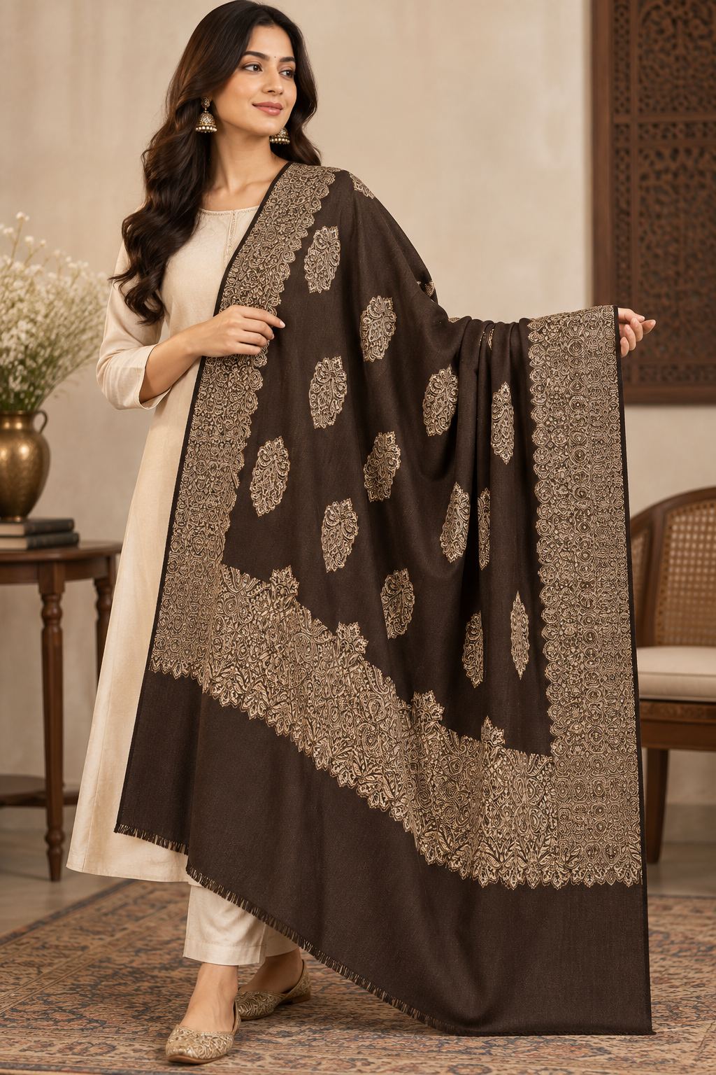Chocolate Brown Gold Boteh Medallion Wool Shawl with Fringe