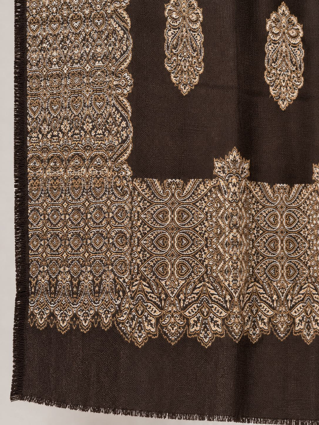 Chocolate Brown Gold Boteh Medallion Wool Shawl with Fringe