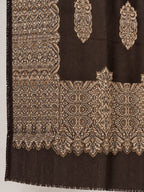 Chocolate Brown Gold Boteh Medallion Wool Shawl with Fringe