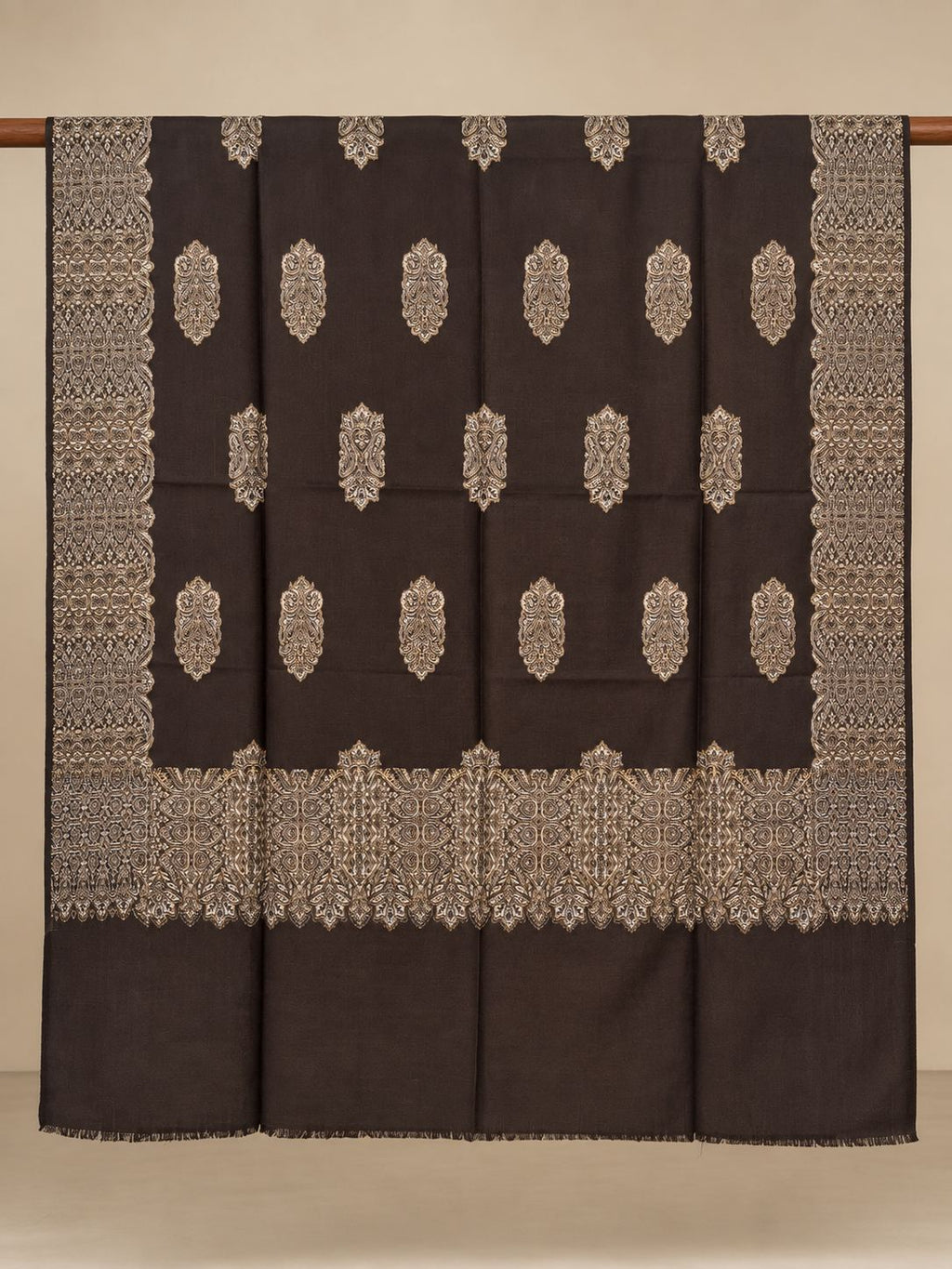 Chocolate Brown Gold Boteh Medallion Wool Shawl with Fringe