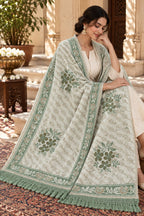 Ivory Sage Green Floral Bouquet Wool Shawl with Tassels