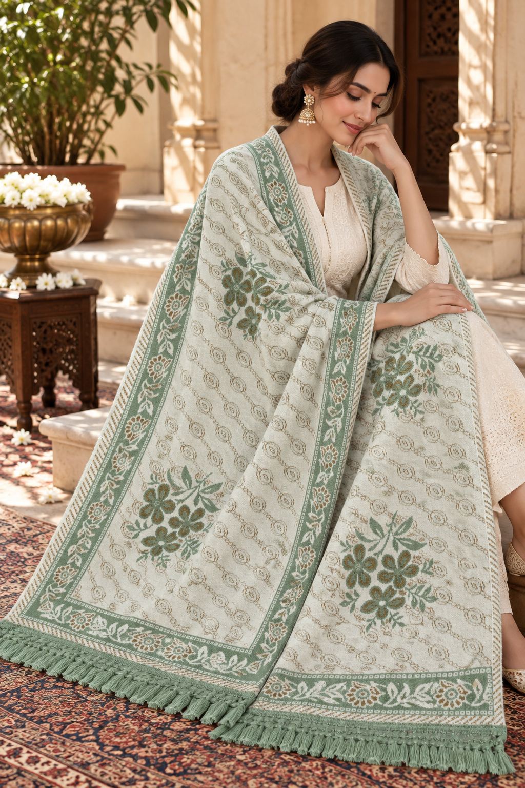 Ivory Sage Green Floral Bouquet Wool Shawl with Tassels