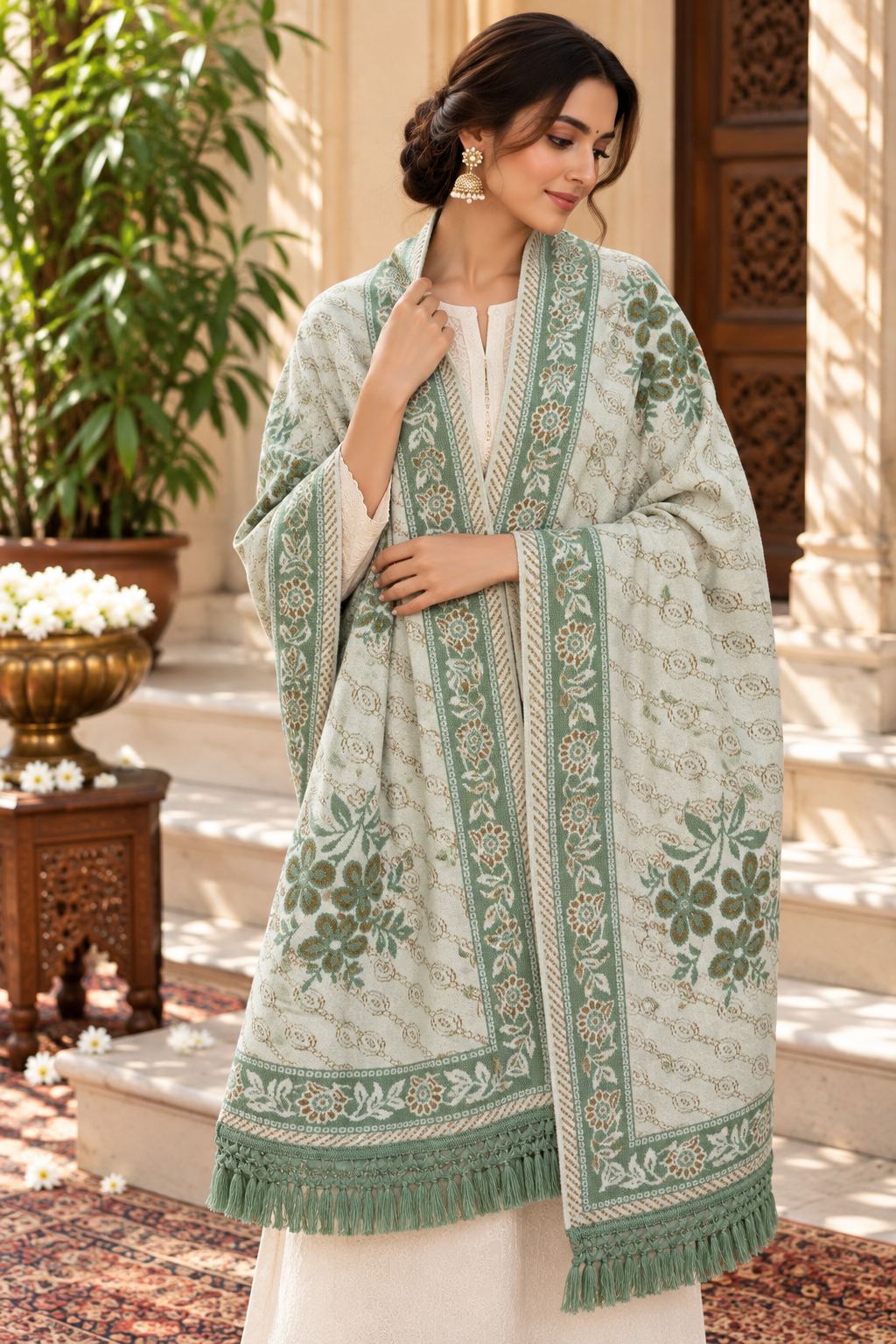 Ivory Sage Green Floral Bouquet Wool Shawl with Tassels