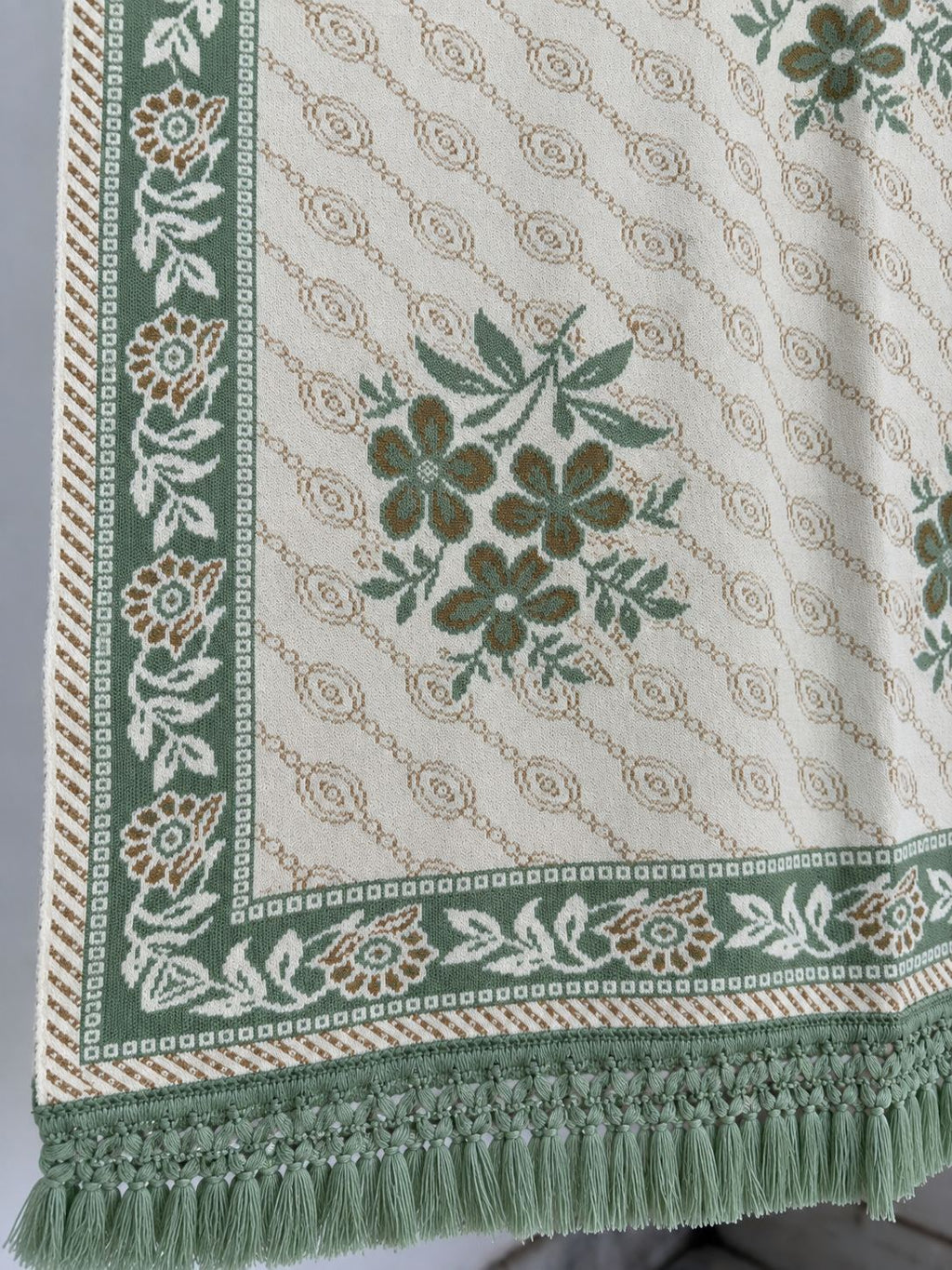 Ivory Sage Green Floral Bouquet Wool Shawl with Tassels