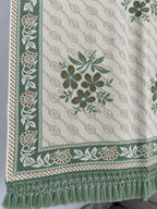 Ivory Sage Green Floral Bouquet Wool Shawl with Tassels