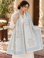 Ivory Dusty Blue Beaded Star Medallion Embellished Shawl