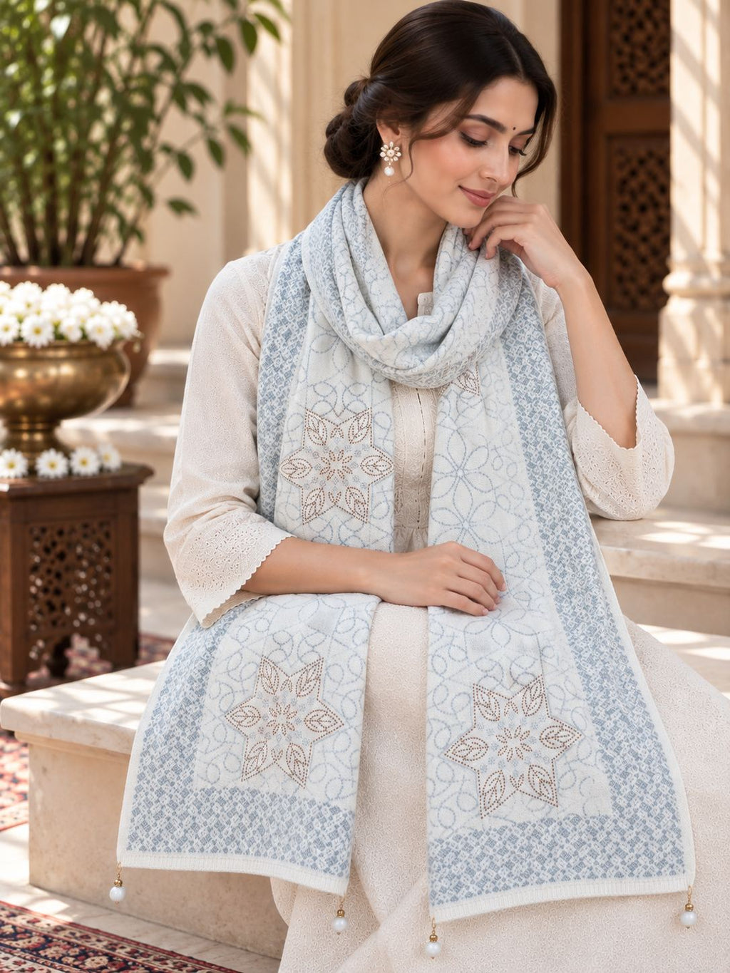 Ivory Dusty Blue Beaded Star Medallion Embellished Shawl
