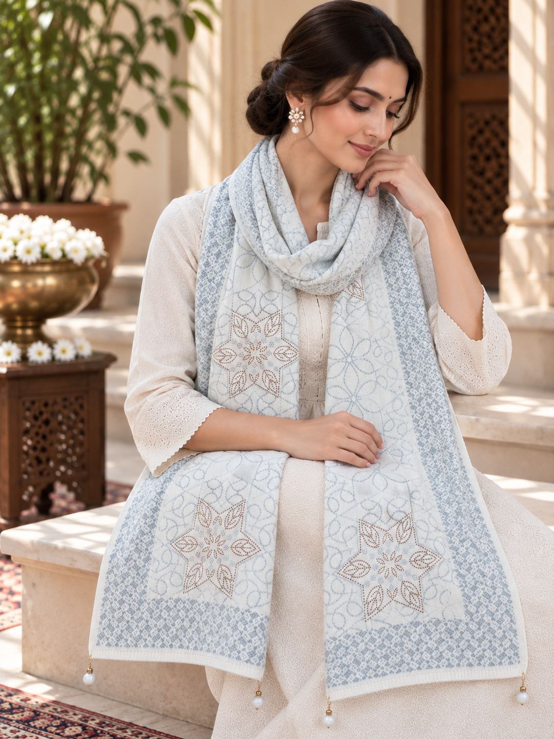 Ivory Dusty Blue Beaded Star Medallion Embellished Shawl