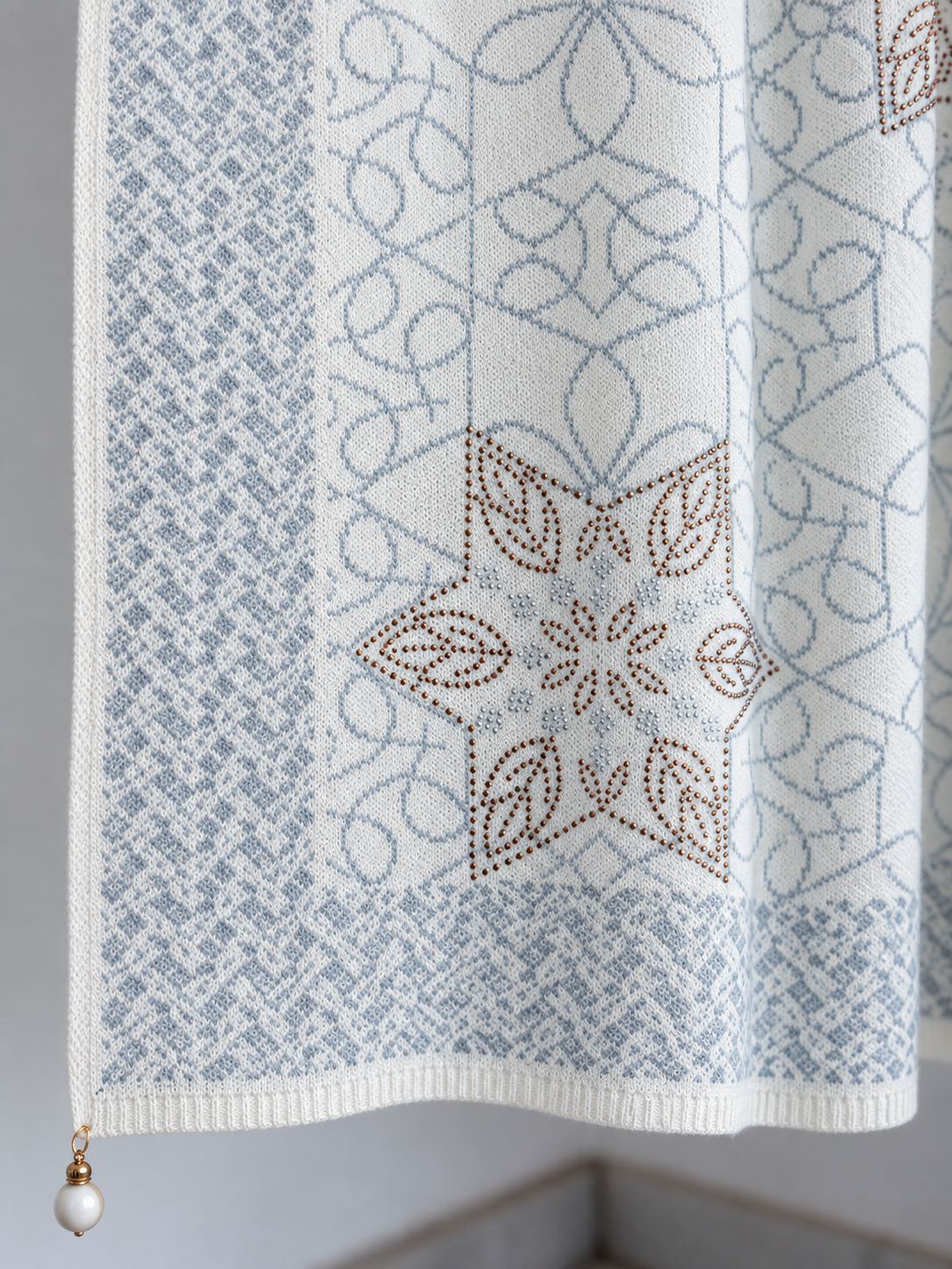 Ivory Dusty Blue Beaded Star Medallion Embellished Shawl