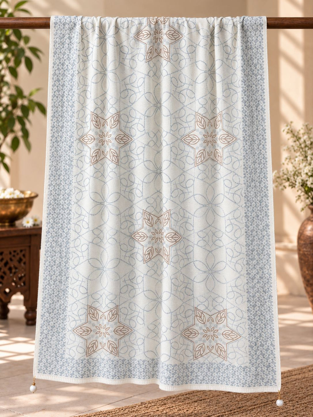 Ivory Dusty Blue Beaded Star Medallion Embellished Shawl