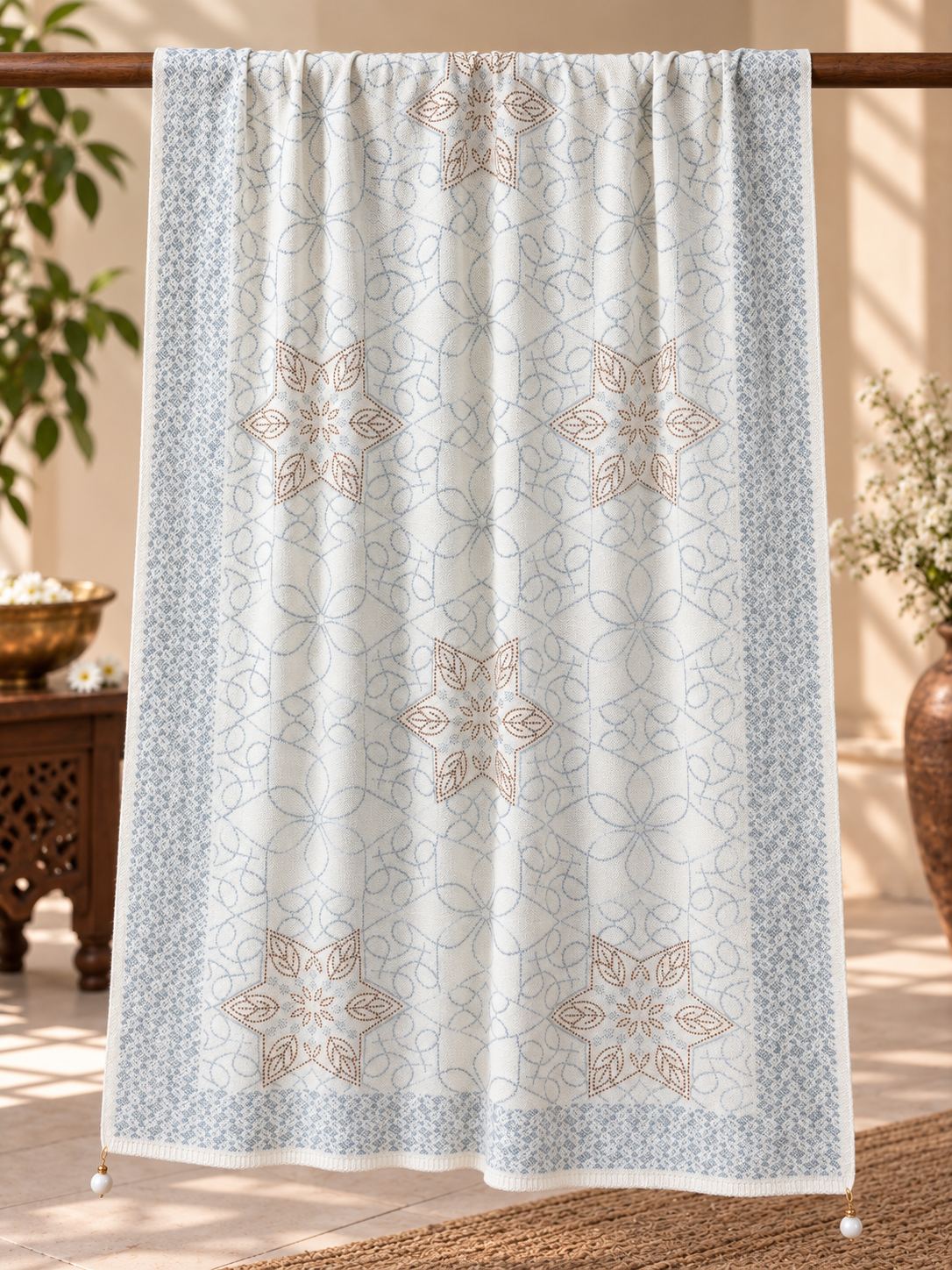 Ivory Dusty Blue Beaded Star Medallion Embellished Shawl