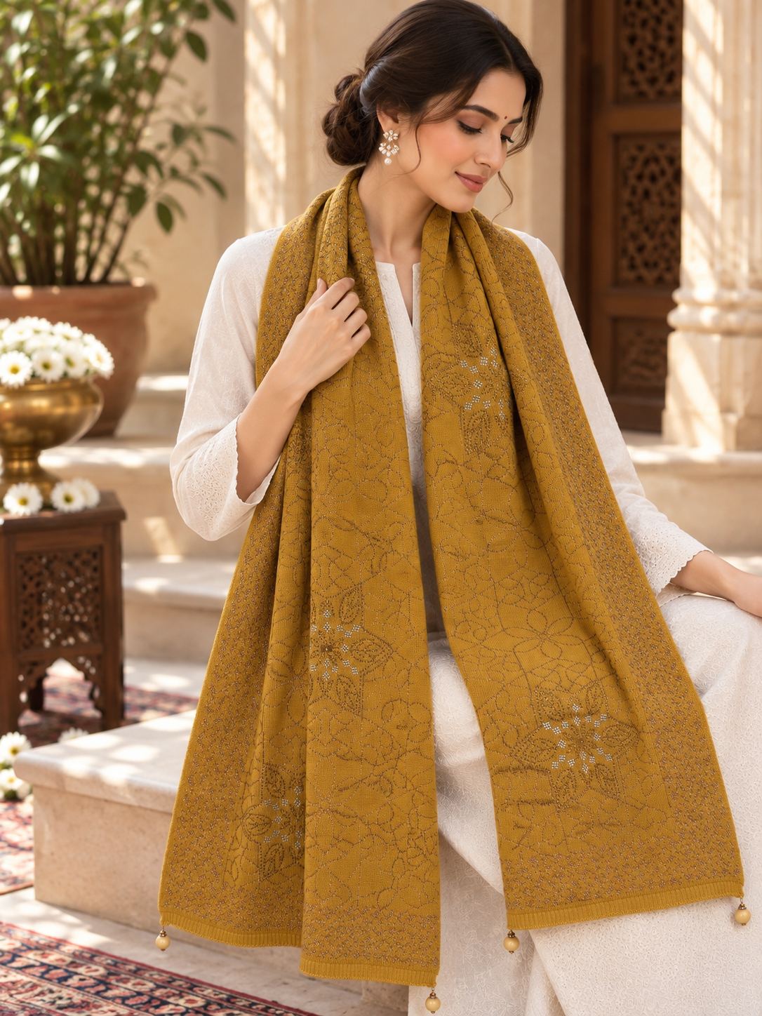 Mustard Beaded Star Medallion Embellished Shawl