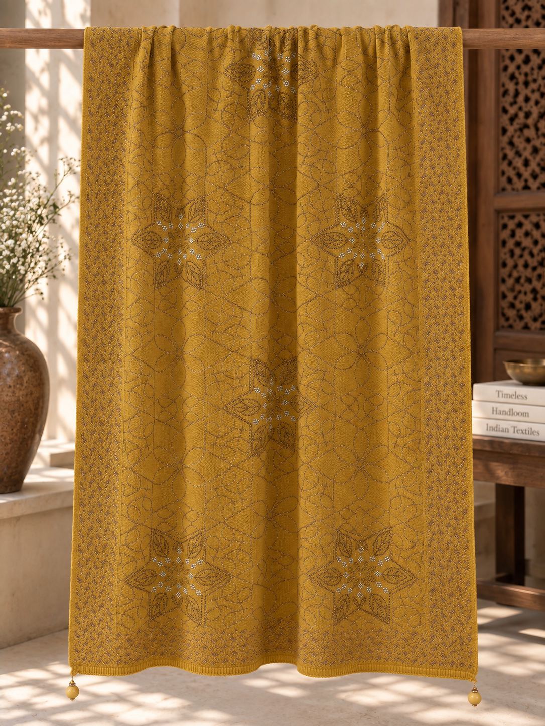 Mustard Beaded Star Medallion Embellished Shawl