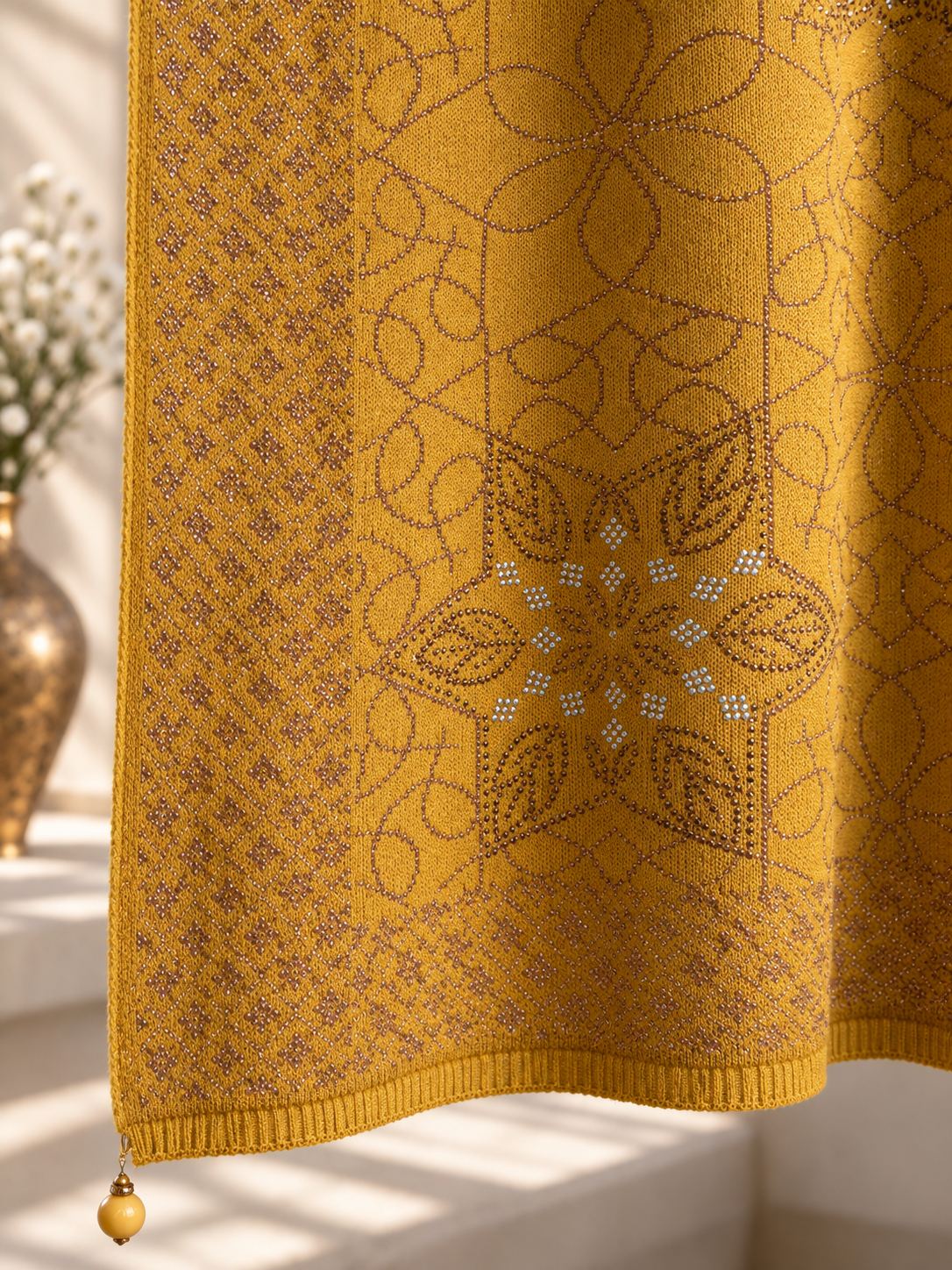 Mustard Beaded Star Medallion Embellished Shawl